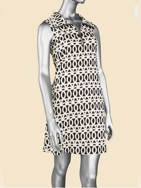 Lulu-B Black & White Sleeveless Geometric Polo Zip Neck Dress Large